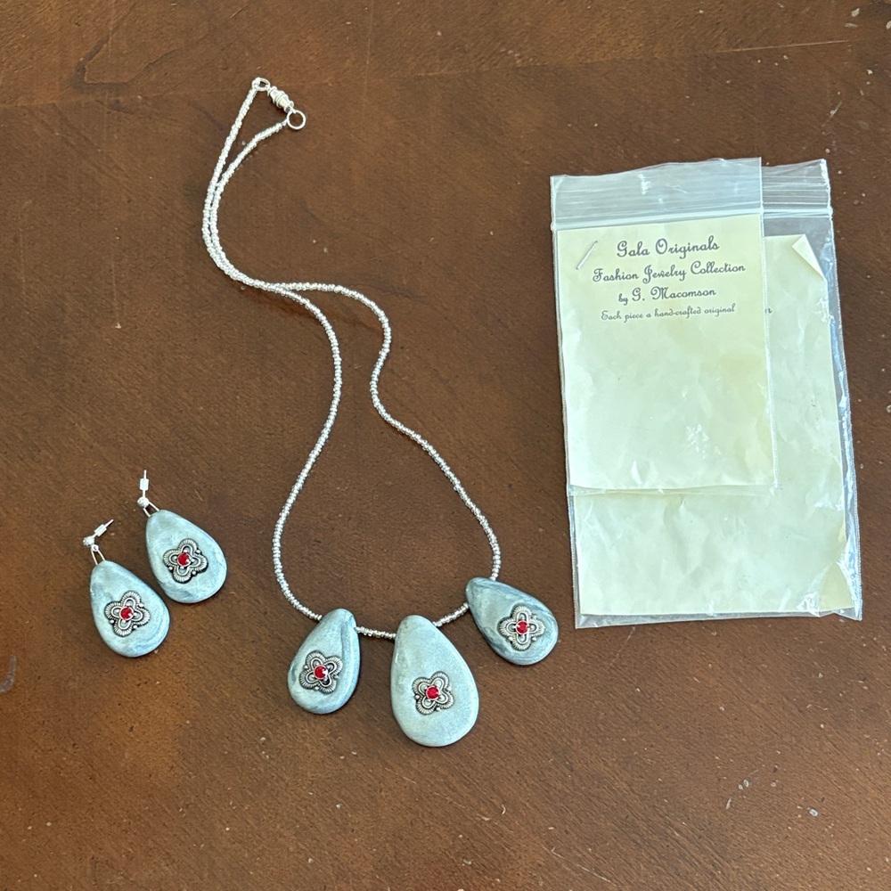 Silver and Red Pendant Necklace and Earring Set by G. Macomson